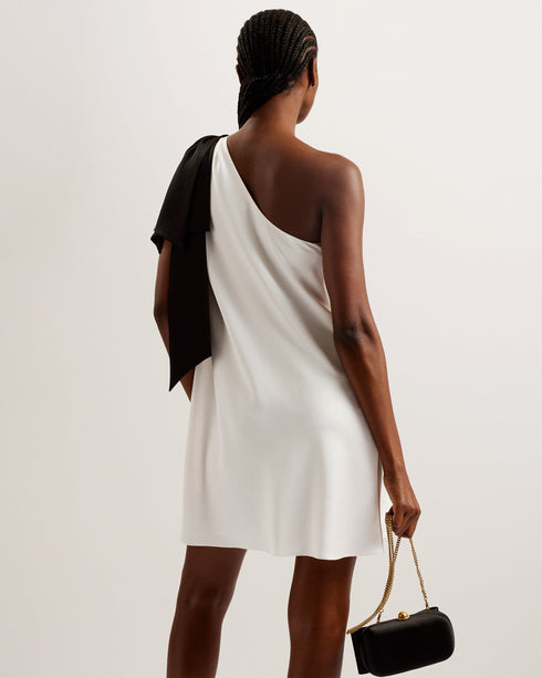 MIDORI-Dresses-Introducing the perfect party look. Featuring a one-shoulder design that's topped with an oversized bow, this satin mini dress exudes glamor. The A-line shift silhouette not only looks elegant, but it also leaves you room to get down on the dancefloor. Pair it with your favorite heels and you have a look that's perfect for the occasion. Mini dress One shoulder design Oversize bow embellishment Satin finish A-line shift silhouette Concealed side zip fastening Lydia is 5'10" / 1.77m and wears